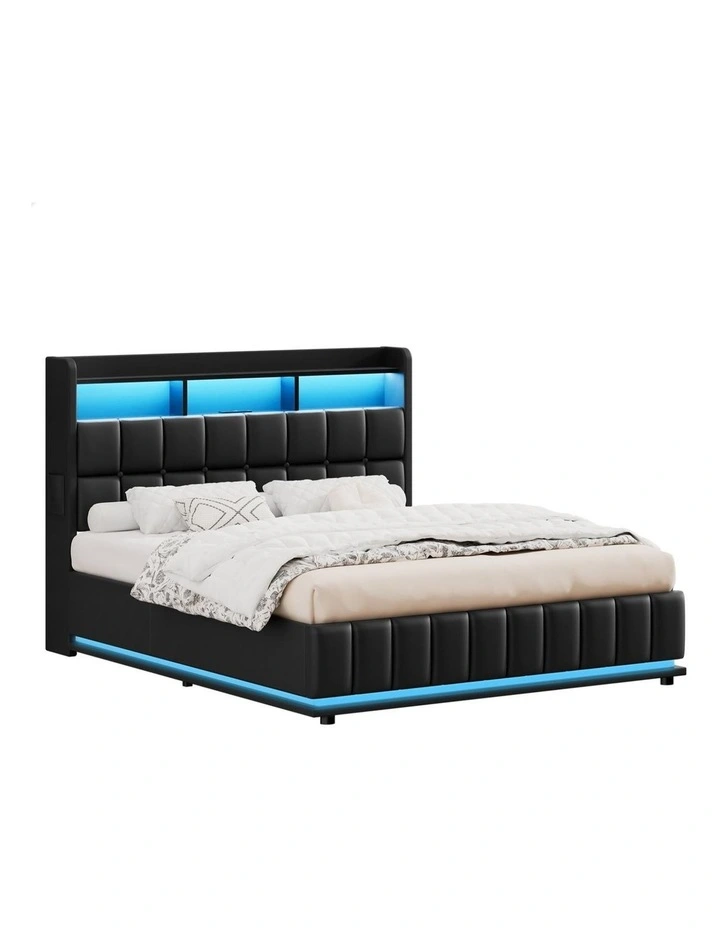 Bed Frame Queen LED Gas Lift Base Storage Leather image 1