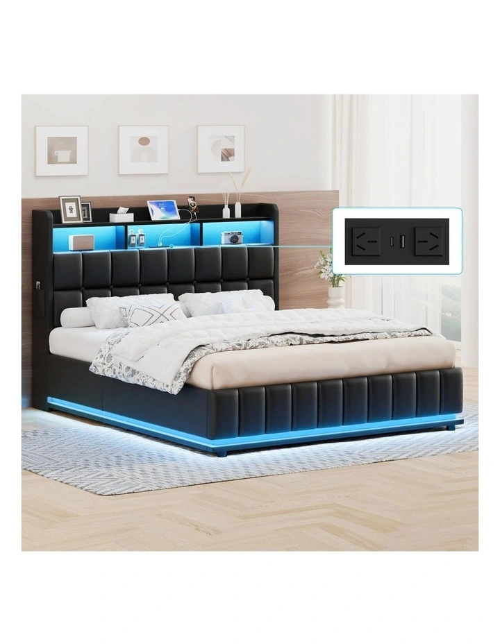 Bed Frame Queen LED Gas Lift Base Storage Leather image 2