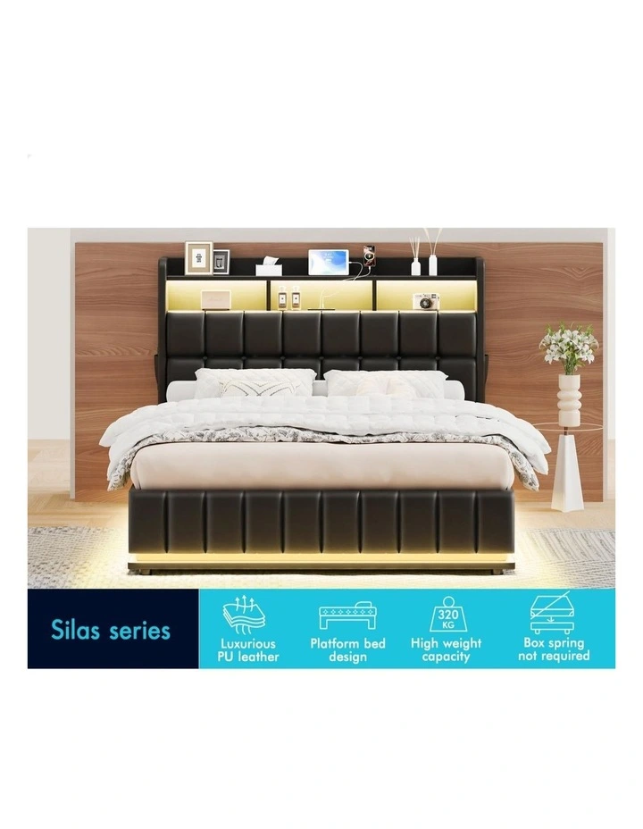 Bed Frame Queen LED Gas Lift Base Storage Leather image 3