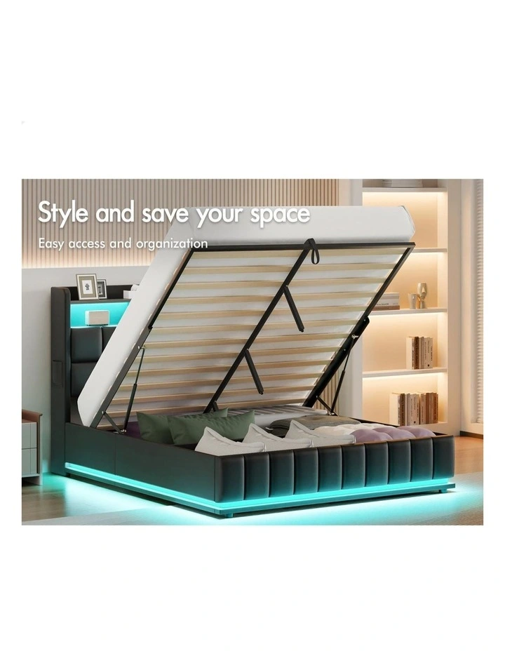 Bed Frame Queen LED Gas Lift Base Storage Leather image 4