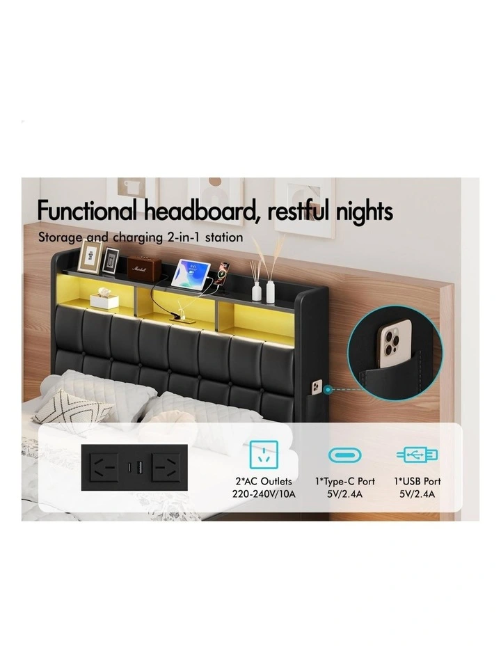 Bed Frame Queen LED Gas Lift Base Storage Leather image 5