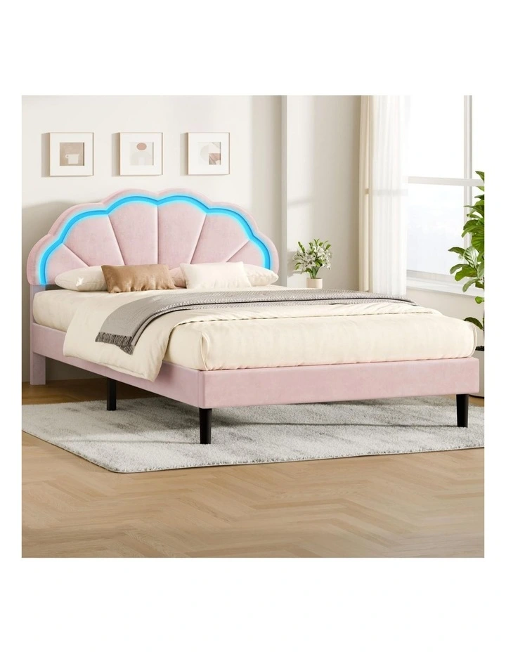 Bed Frame Queen LED Adjustable Headboard Velvet Pink image 2