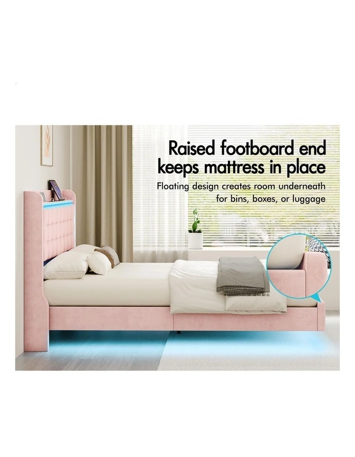 Bed Frame Floating Double LED Charging Station Storage Velvet Pink image 6