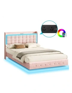 Bed Frame Floating Queen LED Charging Station Storage Velvet Pink