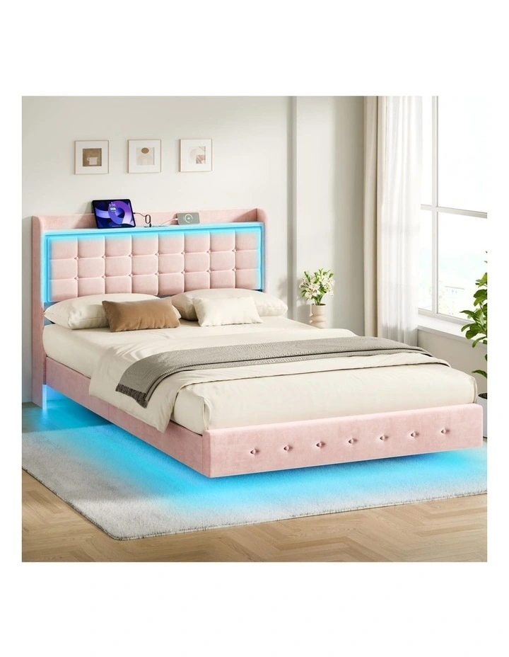 Bed Frame Floating Queen LED Charging Station Storage Velvet Pink image 2