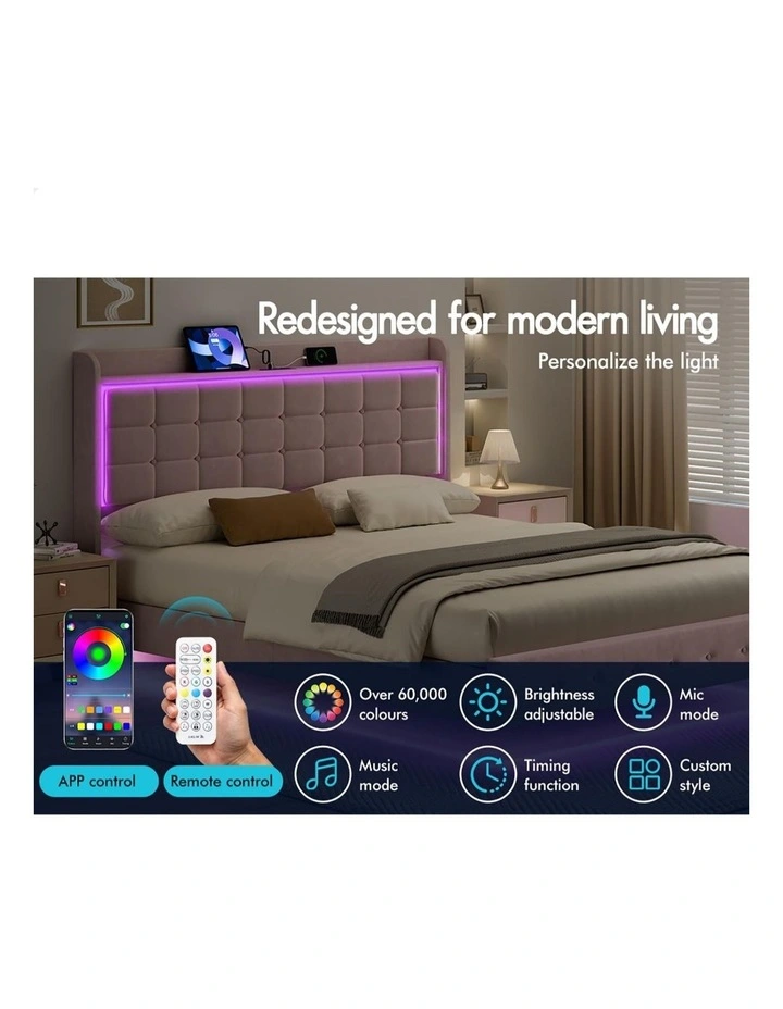 Bed Frame Floating Queen LED Charging Station Storage Velvet Pink image 3