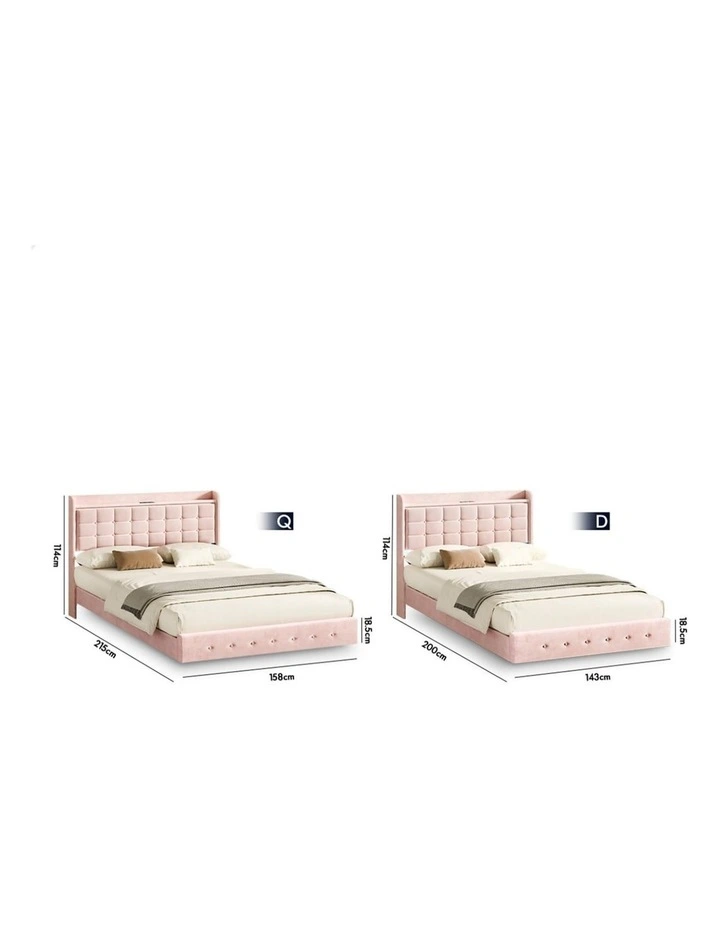 Bed Frame Floating Queen LED Charging Station Storage Velvet Pink image 7