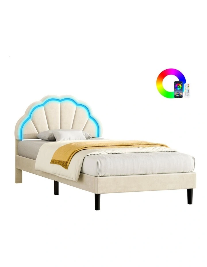 Bed Frame King Single LED Adjustable Headboard Velvet Beige image 1