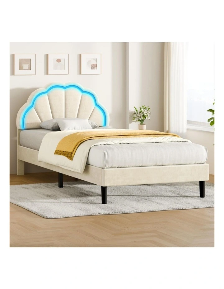 Bed Frame King Single LED Adjustable Headboard Velvet Beige image 2