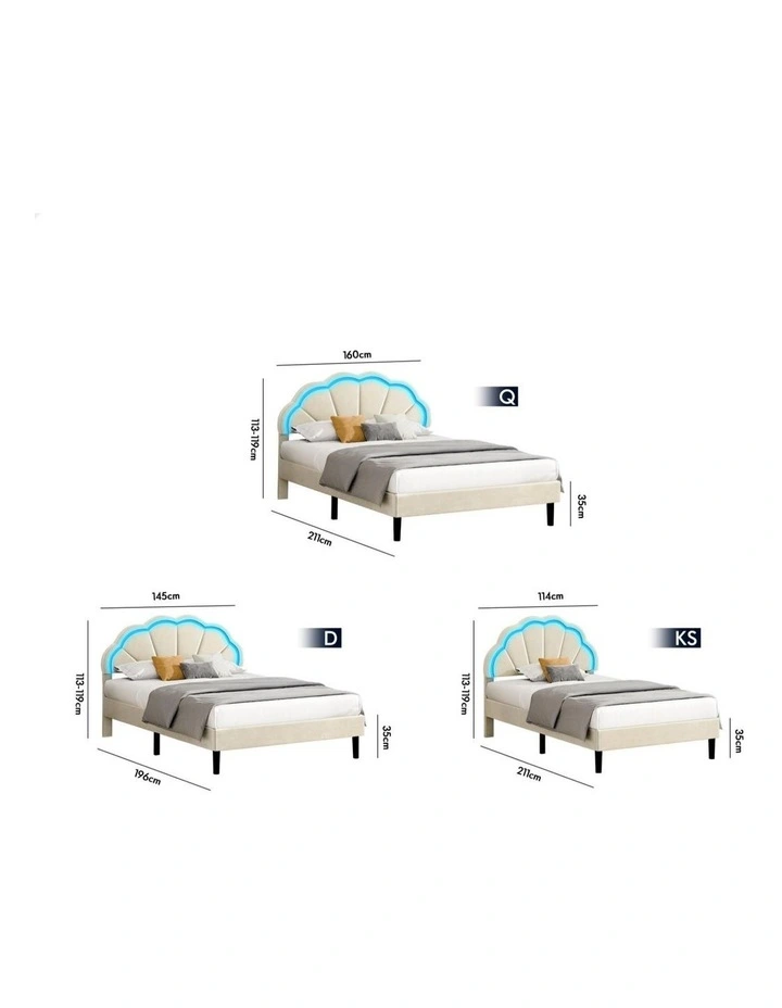Bed Frame King Single LED Adjustable Headboard Velvet Beige image 7