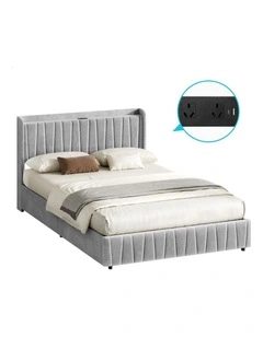 Bed Frame Double Storage Drawers Charging Station Grey Velvet