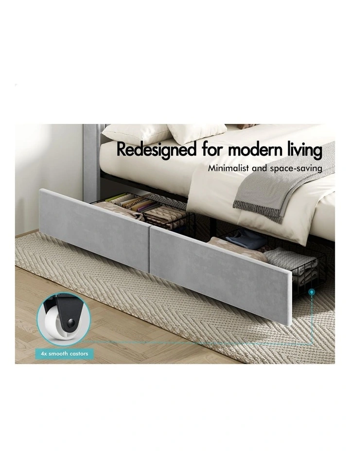 Bed Frame Double Storage Drawers Charging Station Grey Velvet image 3