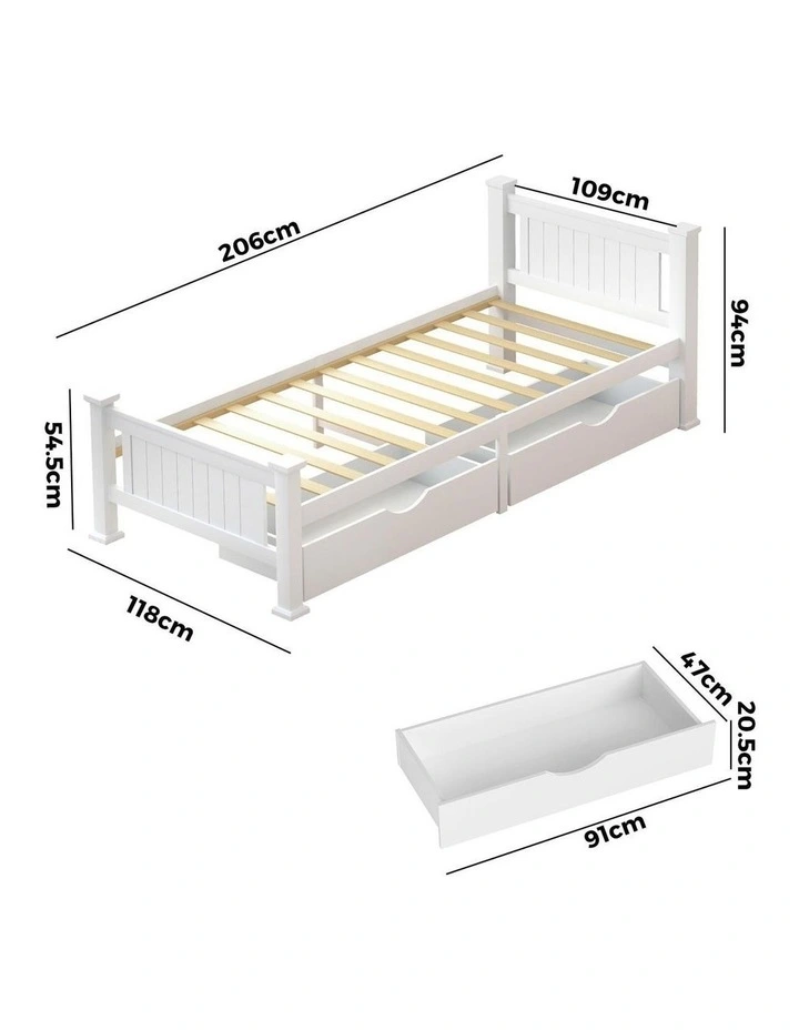 Oikiture Solid Pine Wood Bed Frame with 2 Storage Drawers Platform King Single image 3