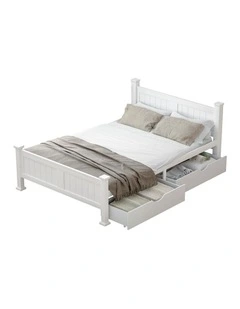 Oikiture Solid Pine Wood Bed Frame with 2 Storage Drawers Platform White Queen