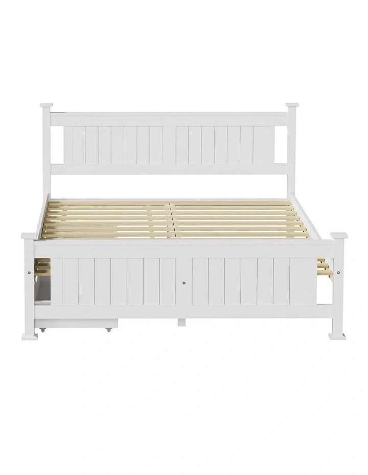 Oikiture Solid Pine Wood Bed Frame with 2 Storage Drawers Platform White Queen image 2