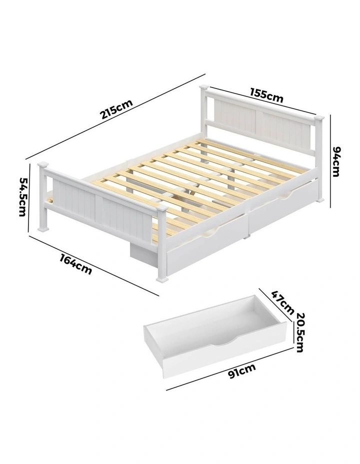 Oikiture Solid Pine Wood Bed Frame with 2 Storage Drawers Platform White Queen image 3