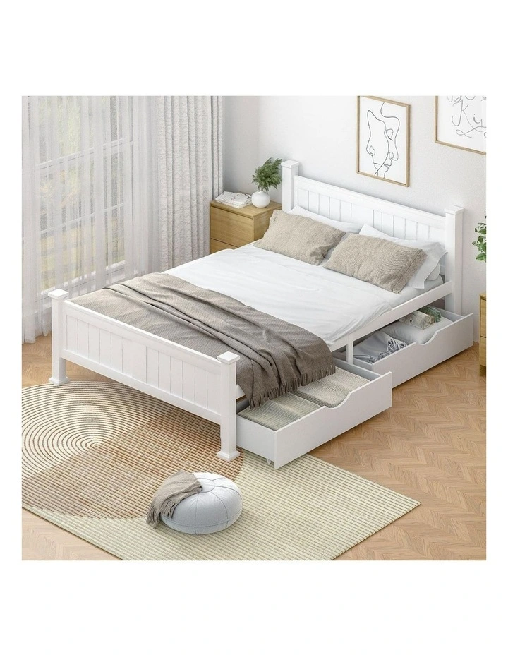 Oikiture Solid Pine Wood Bed Frame with 2 Storage Drawers Platform White Queen image 4