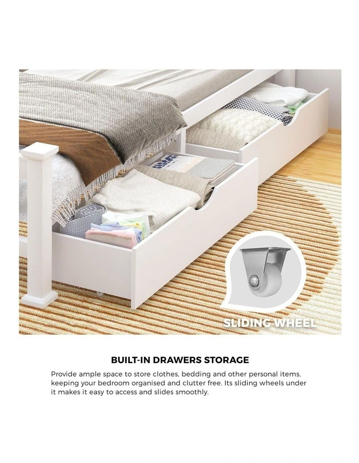 Oikiture Solid Pine Wood Bed Frame with 2 Storage Drawers Platform White Queen image 6