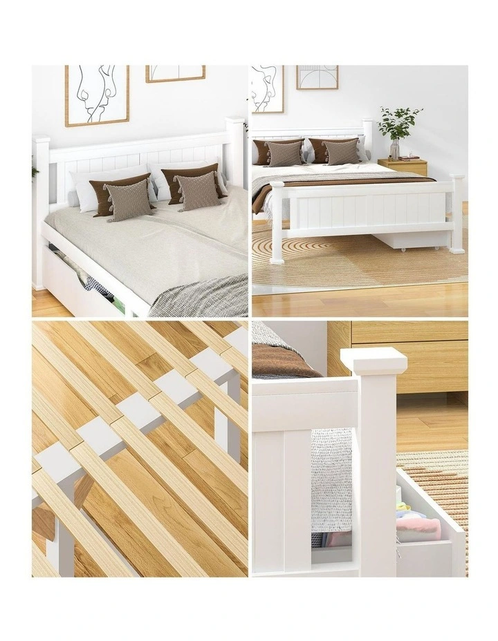 Oikiture Solid Pine Wood Bed Frame with 2 Storage Drawers Platform White Queen image 7