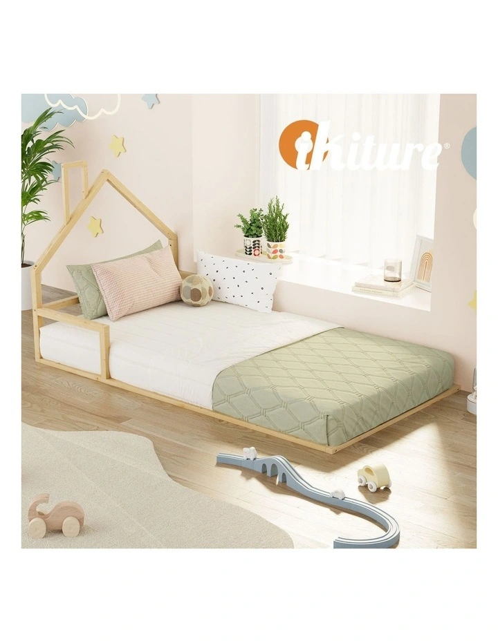 Oikiture Wooden Kids Bed Frame Floor Beds Chimney Platform King Single Natural image 7