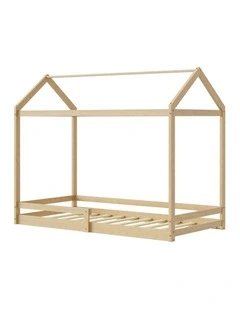 Oikiture Kids Wooden Bed Frame House Beds Base Timber with Fence Single Natural