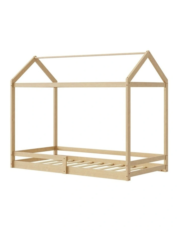 Oikiture Kids Wooden Bed Frame House Beds Base Timber with Fence Single Natural image 1