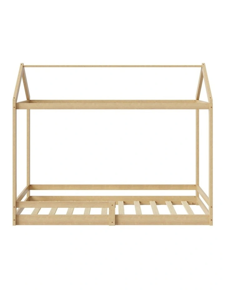 Oikiture Kids Wooden Bed Frame House Beds Base Timber with Fence Single Natural image 2