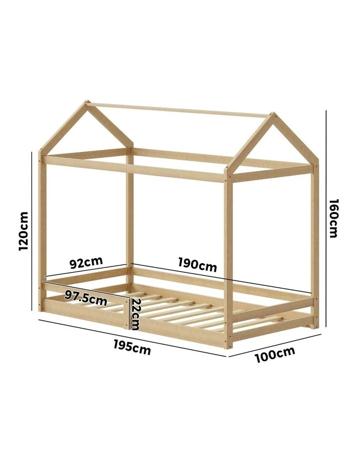 Oikiture Kids Wooden Bed Frame House Beds Base Timber with Fence Single Natural image 3