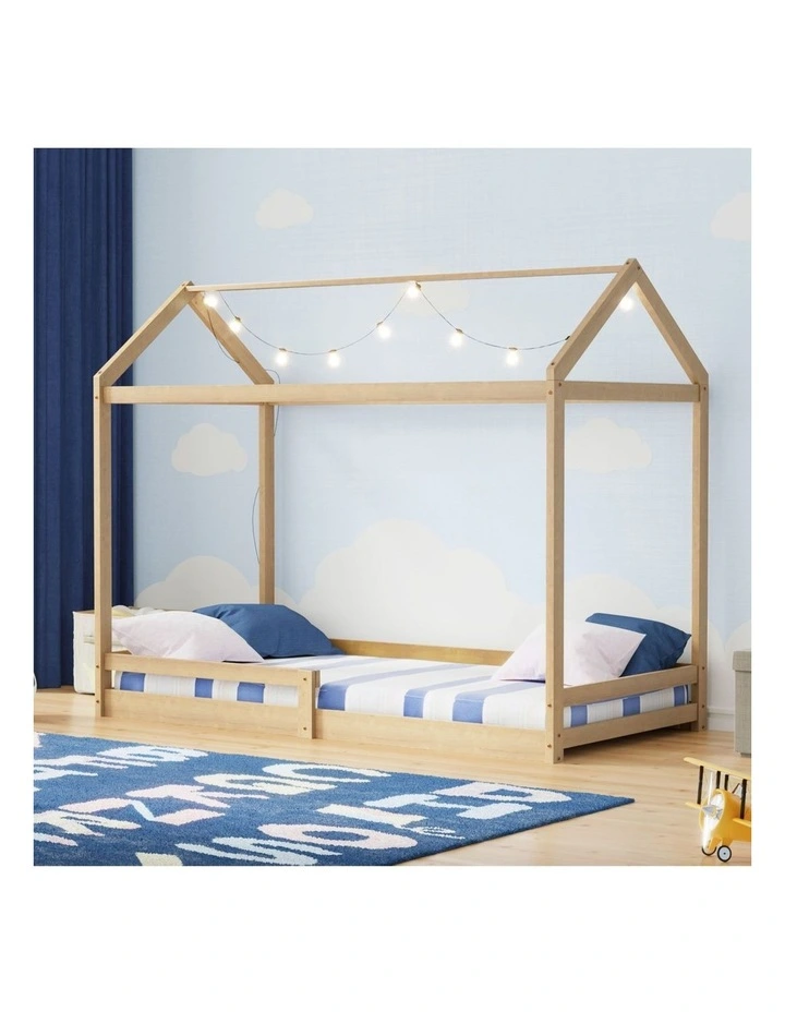 Oikiture Kids Wooden Bed Frame House Beds Base Timber with Fence Single Natural image 4
