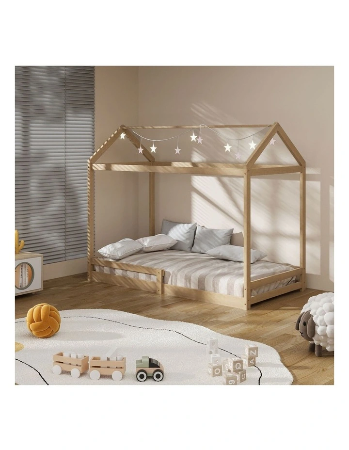Oikiture Kids Wooden Bed Frame House Beds Base Timber with Fence Single Natural image 5