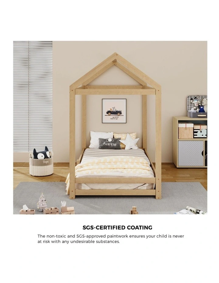 Oikiture Kids Wooden Bed Frame House Beds Base Timber with Fence Single Natural image 6