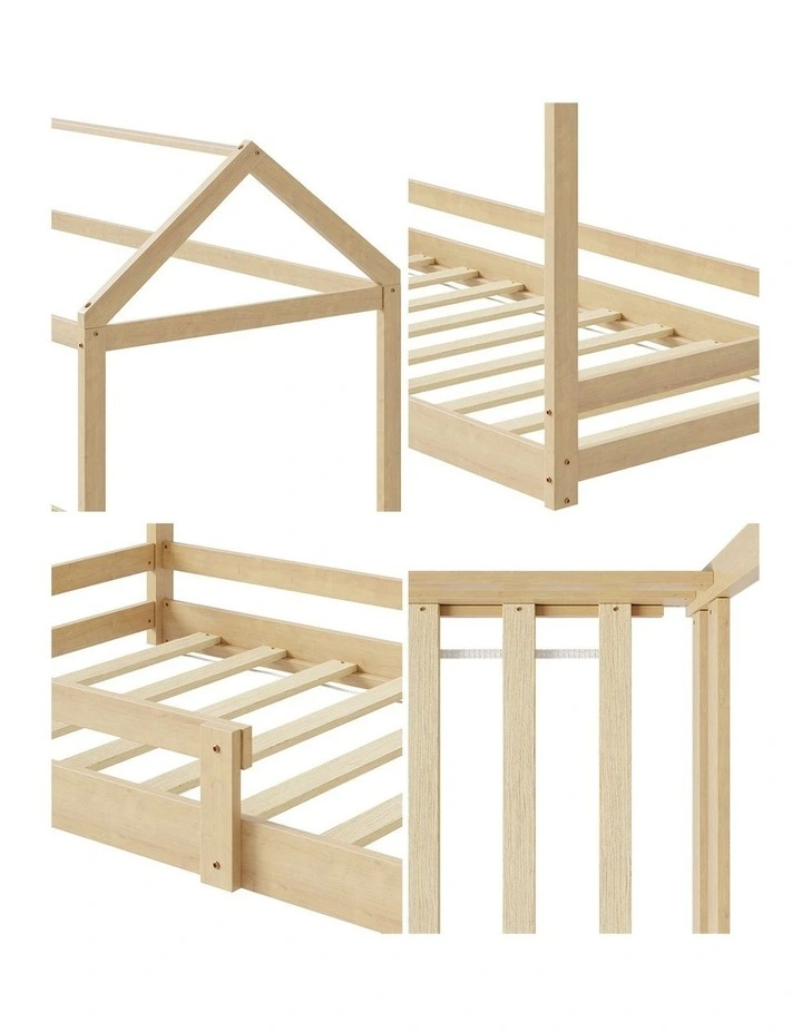 Oikiture Kids Wooden Bed Frame House Beds Base Timber with Fence Single Natural image 7