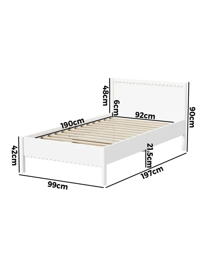Oikiture Scalloped Bed Wooden Kids Bed Frame Solid Pine Wood Timber Single White image 3
