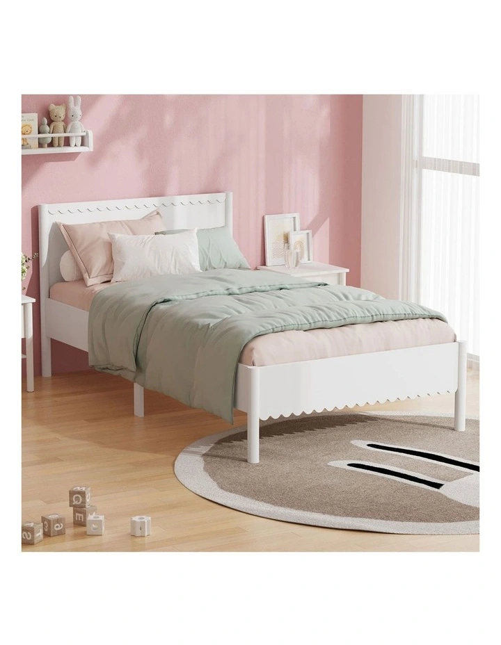Oikiture Scalloped Bed Wooden Kids Bed Frame Solid Pine Wood Timber Single White image 4