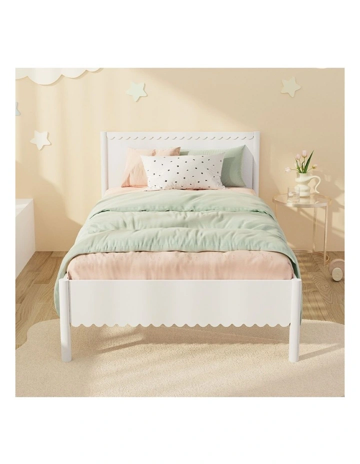 Oikiture Scalloped Bed Wooden Kids Bed Frame Solid Pine Wood Timber Single White image 5