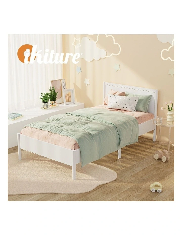 Oikiture Scalloped Bed Wooden Kids Bed Frame Solid Pine Wood Timber Single White image 7