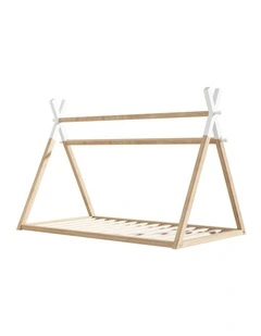 Oikiture Kids Bed Frame Wooden Timber King Single Teepee House Frame Beds