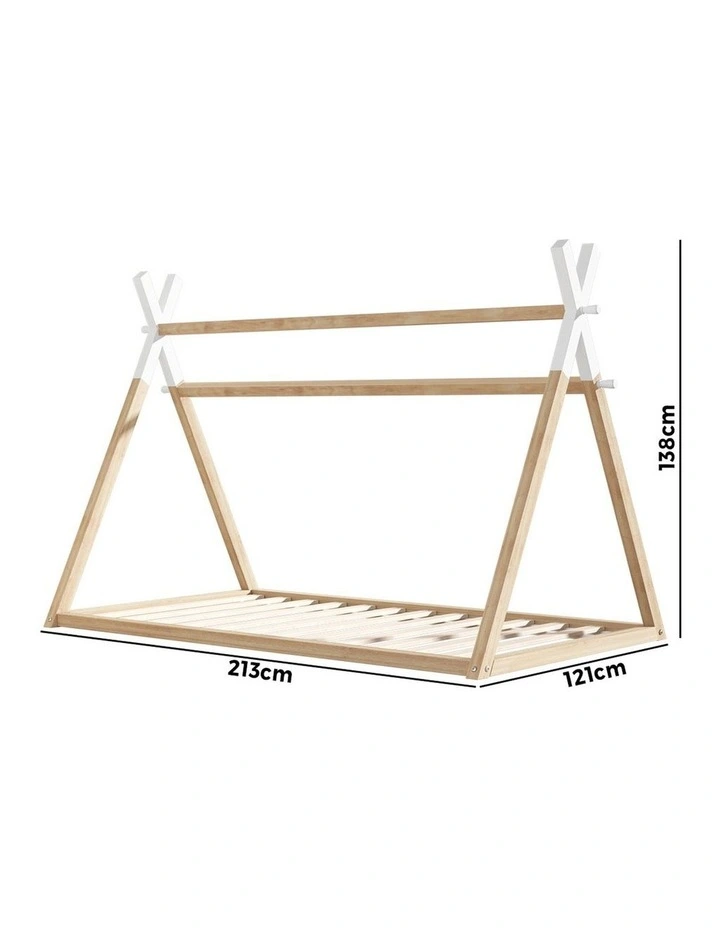 Oikiture Kids Bed Frame Wooden Timber King Single Teepee House Frame Beds image 3