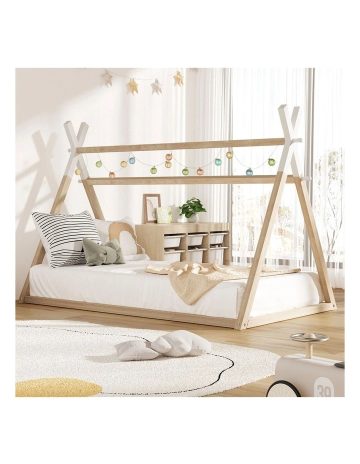 Oikiture Kids Bed Frame Wooden Timber King Single Teepee House Frame Beds image 4