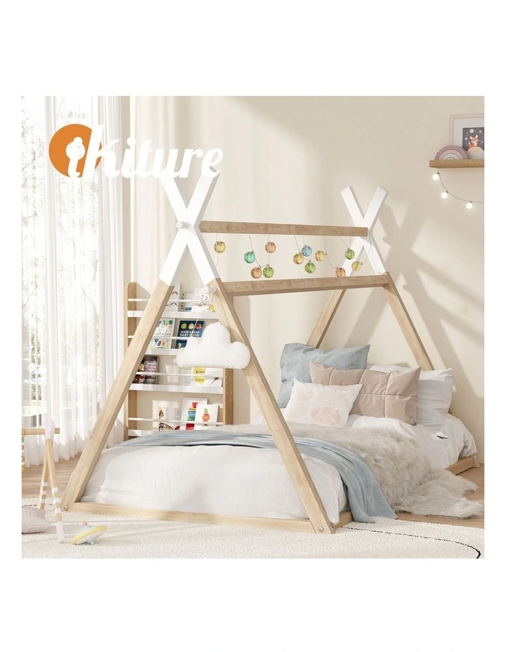 Oikiture Kids Bed Frame Wooden Timber King Single Teepee House Frame Beds image 5