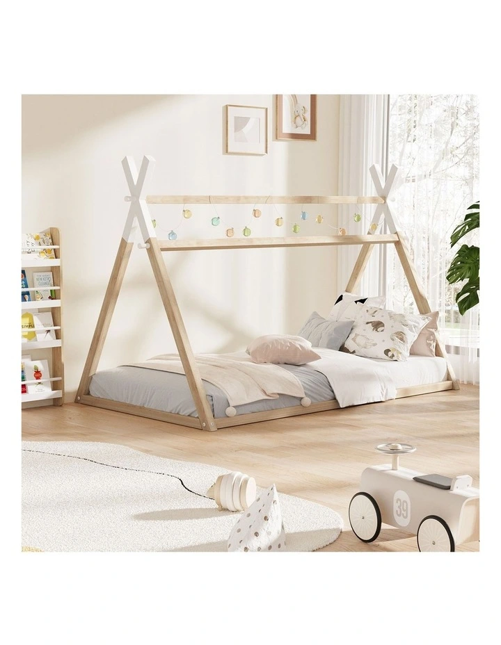 Oikiture Kids Bed Frame Wooden Timber King Single Teepee House Frame Beds image 6