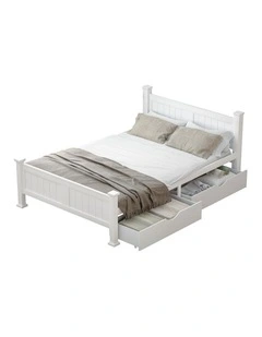 Oikiture Solid Pine Wood Bed Frame with 2 Storage Drawers Platform White Double