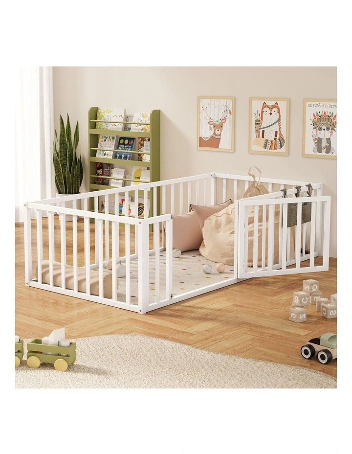 Oikiture 2-in-1 Kids Bed Frame Single Toddler Play Centre Guard Fence Gate White image 4