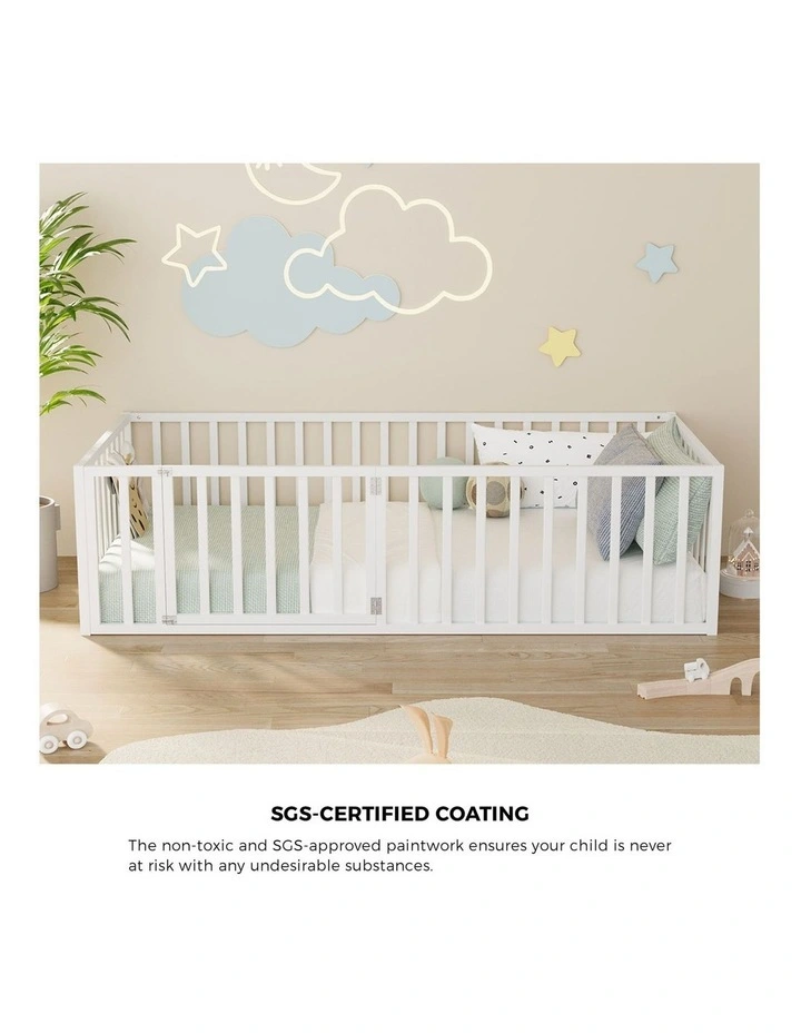 Oikiture 2-in-1 Kids Bed Frame Single Toddler Play Centre Guard Fence Gate White image 5