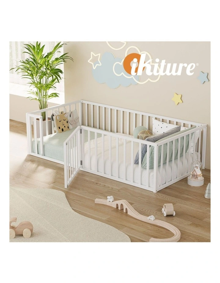 Oikiture 2-in-1 Kids Bed Frame Single Toddler Play Centre Guard Fence Gate White image 7