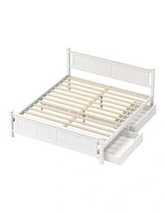 Oikiture Solid Pine Wood Bed Frame with 2 Storage Drawers Platform White King