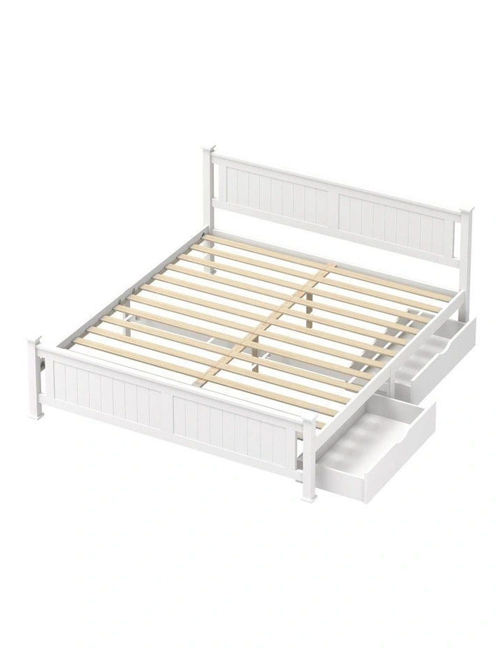 Oikiture Solid Pine Wood Bed Frame with 2 Storage Drawers Platform White King image 1