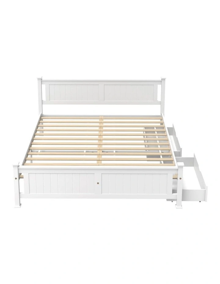 Oikiture Solid Pine Wood Bed Frame with 2 Storage Drawers Platform White King image 2