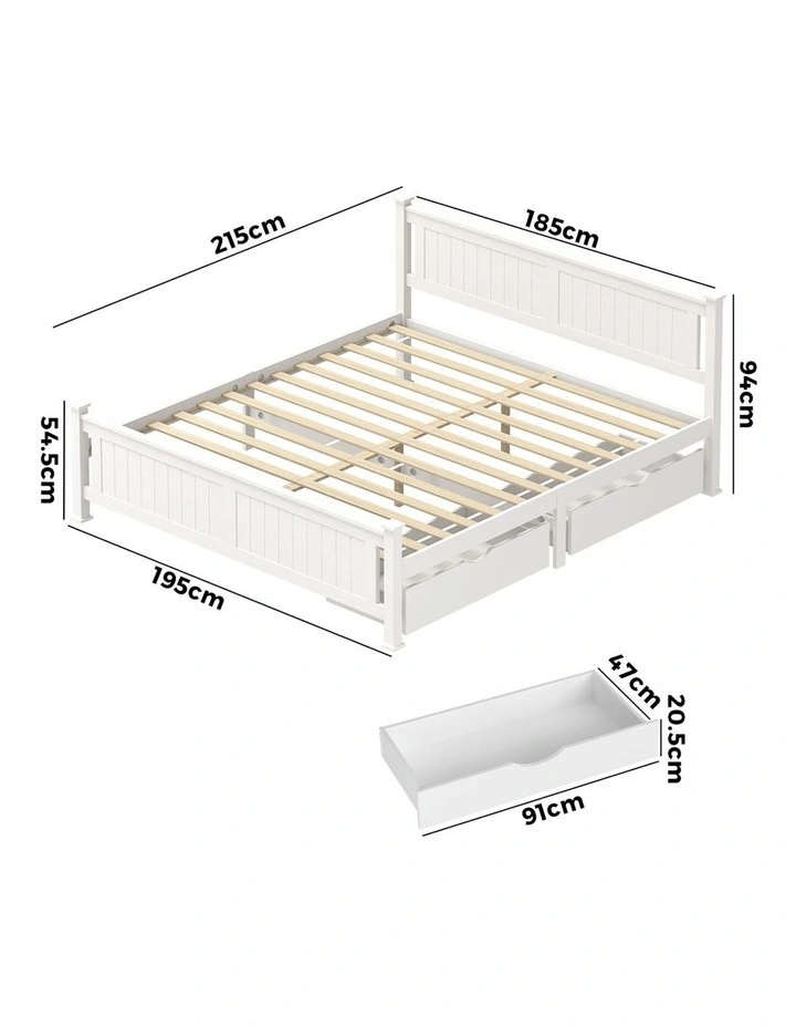 Oikiture Solid Pine Wood Bed Frame with 2 Storage Drawers Platform White King image 3