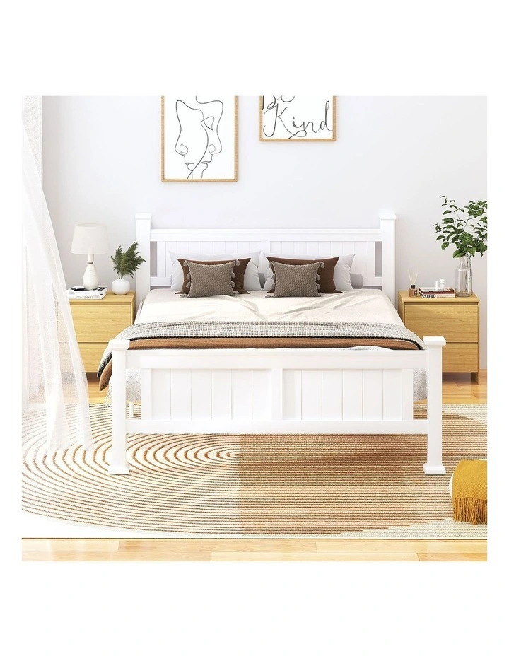 Oikiture Solid Pine Wood Bed Frame with 2 Storage Drawers Platform White King image 5